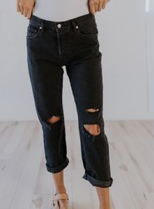Free People Bren Boyfriend Destructed Denim Jean Pant in Black
